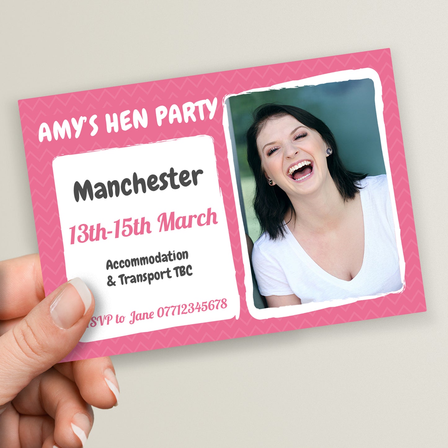 A personalised A6 size postcard with a pink background, featuring a smiling woman's face, text and a contact number for a hen party in Manchester on 13-15 March 2023.