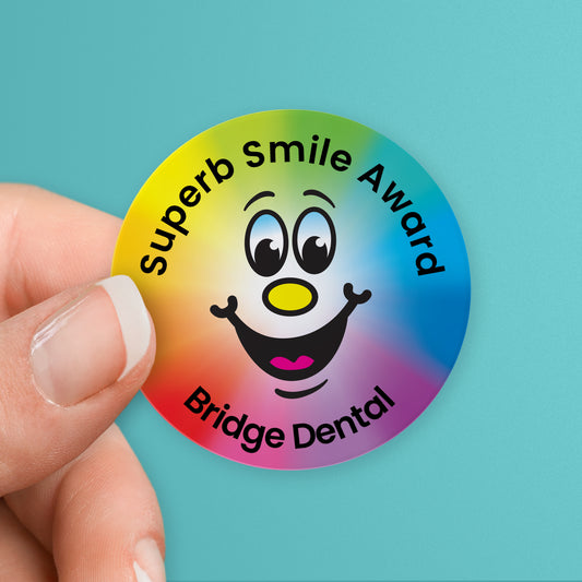 35 Personalised Sweet Shop Scented Rainbow Smile Stickers - Dentist - 37mm