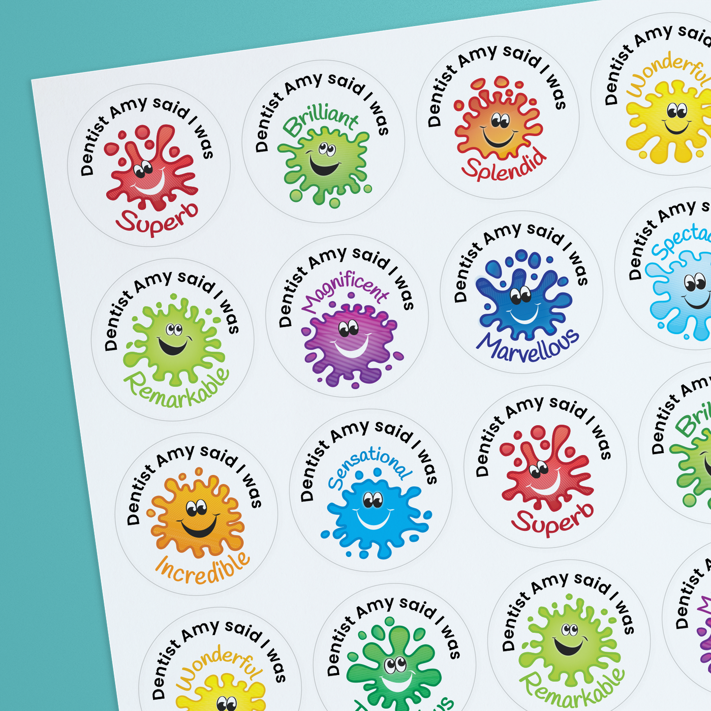 35 Personalised Jellybean Scented Splash Stickers - Dentist - 37mm
