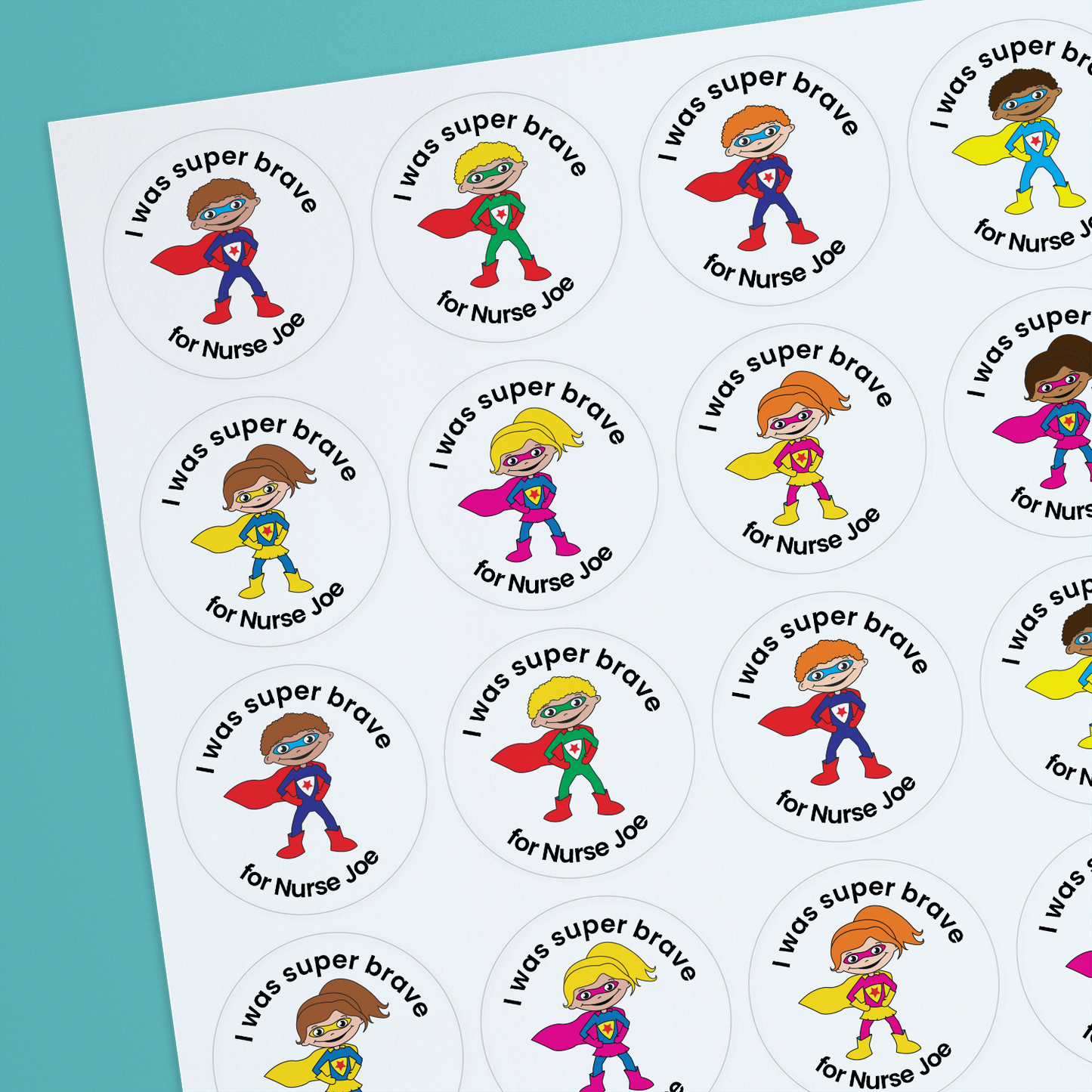 35 Personalised Sherbet Scented Super Hero Stickers - Nurse - 37mm