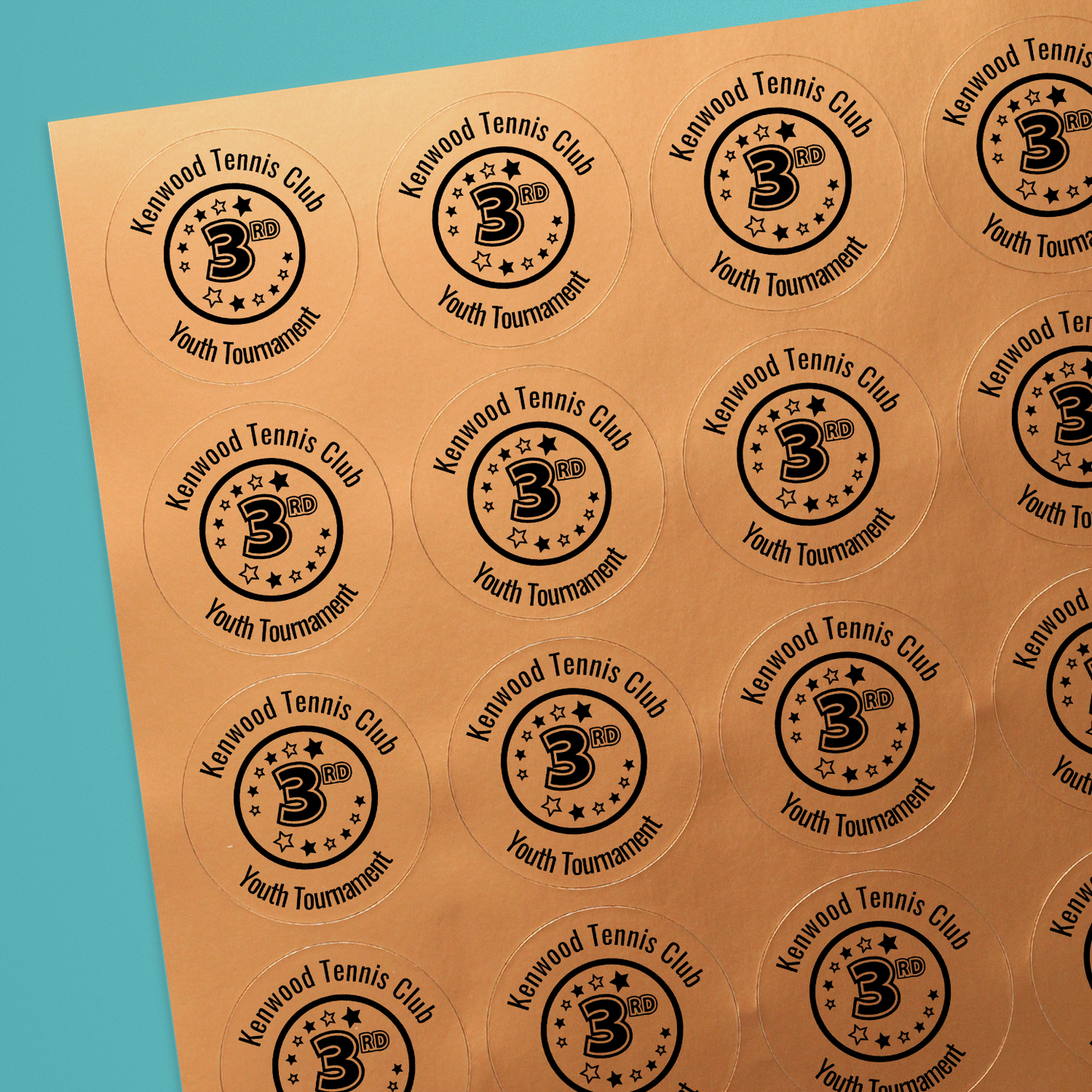 Personalised metallic bronze stickers with a 3rd Place design, including spaces above and below the icon for personalisation.