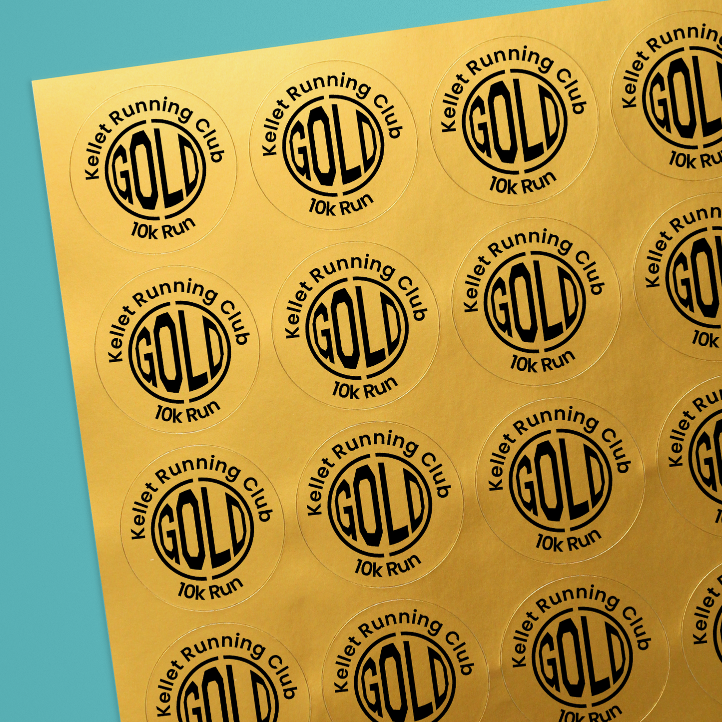 Personalised metallic gold stickers with a 'GOLD' design including spaces above and below the icon for personalisation.
