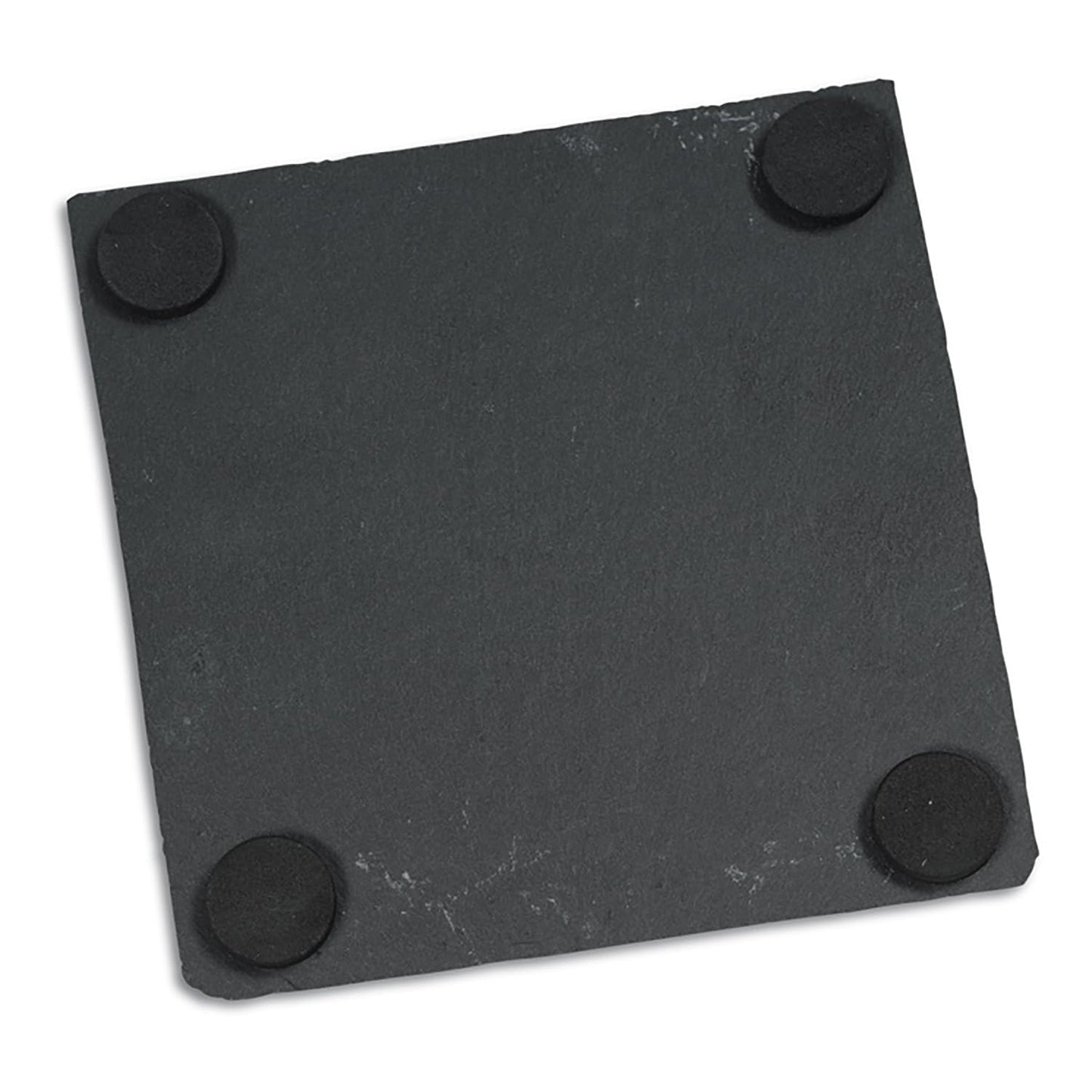 Underside of a black square coaster showing foam feet.