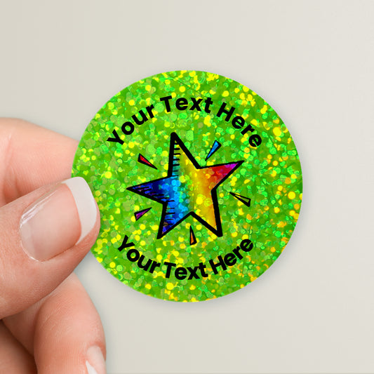 35 Personalised Holographic Rainbow Star Stickers - 37mm