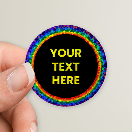 35 Personalised Holographic Neon Rainbow Circle Stickers - 37mm