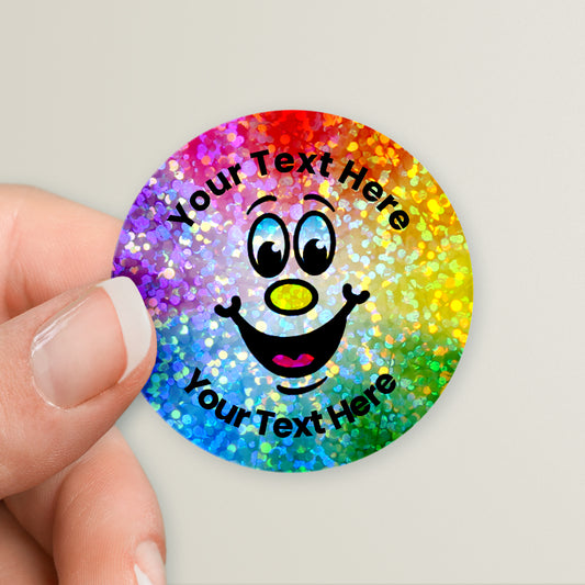 35 Personalised Holographic Rainbow Smiley Stickers - 37mm