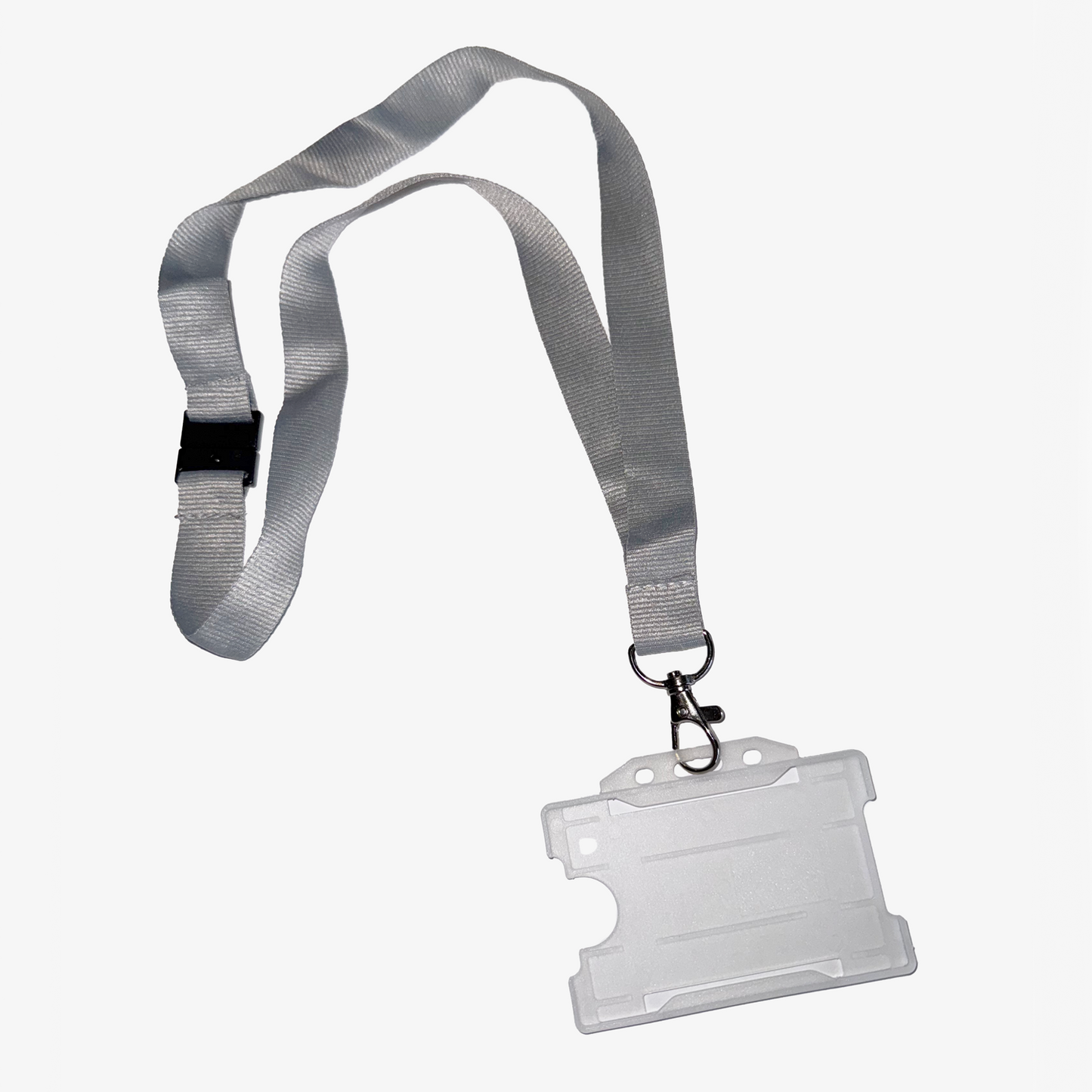 A grey lanyard with a safety-release clasp and a clear card holder attached.