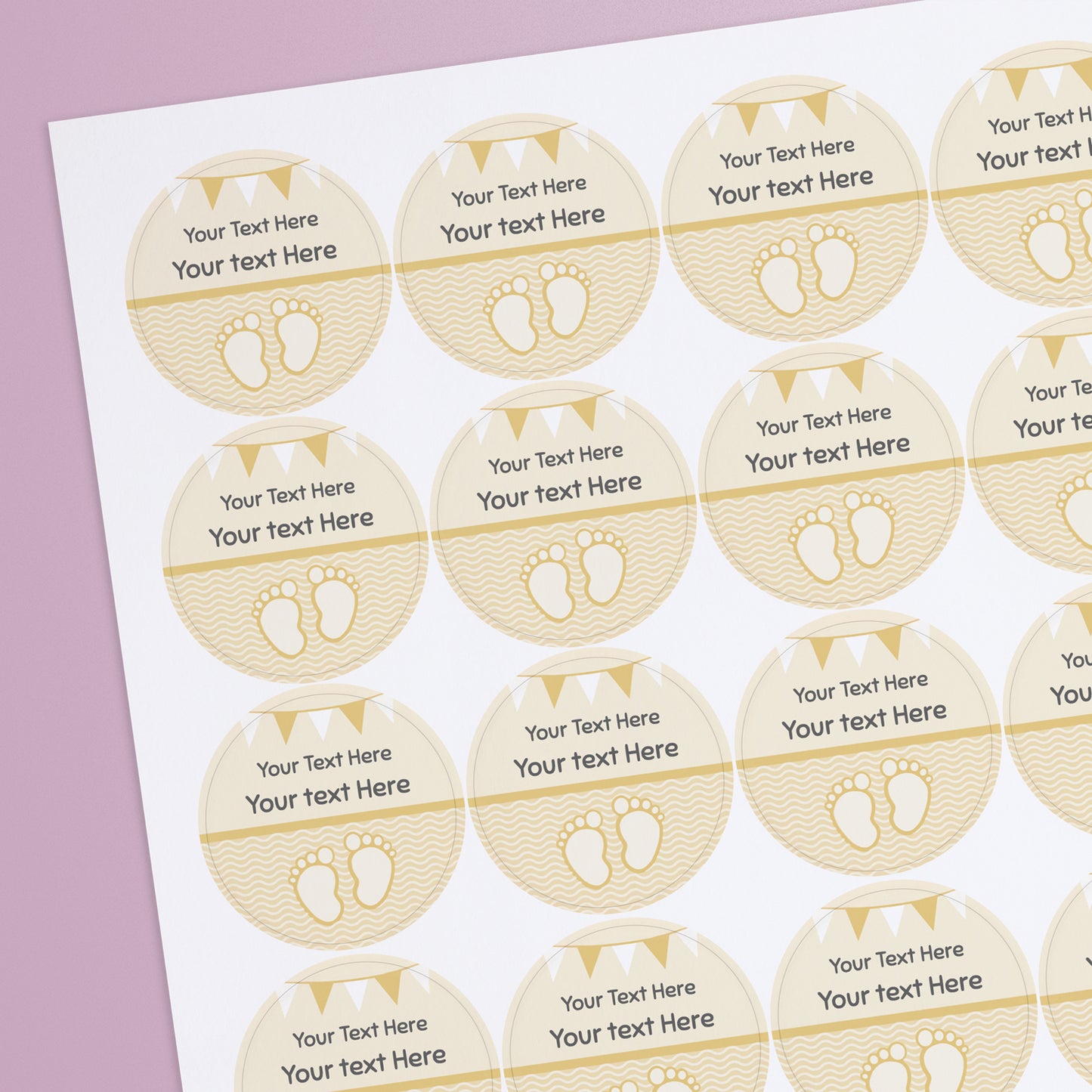 A sheet of personalised baby feet stickers with space on the sticker for custom text.