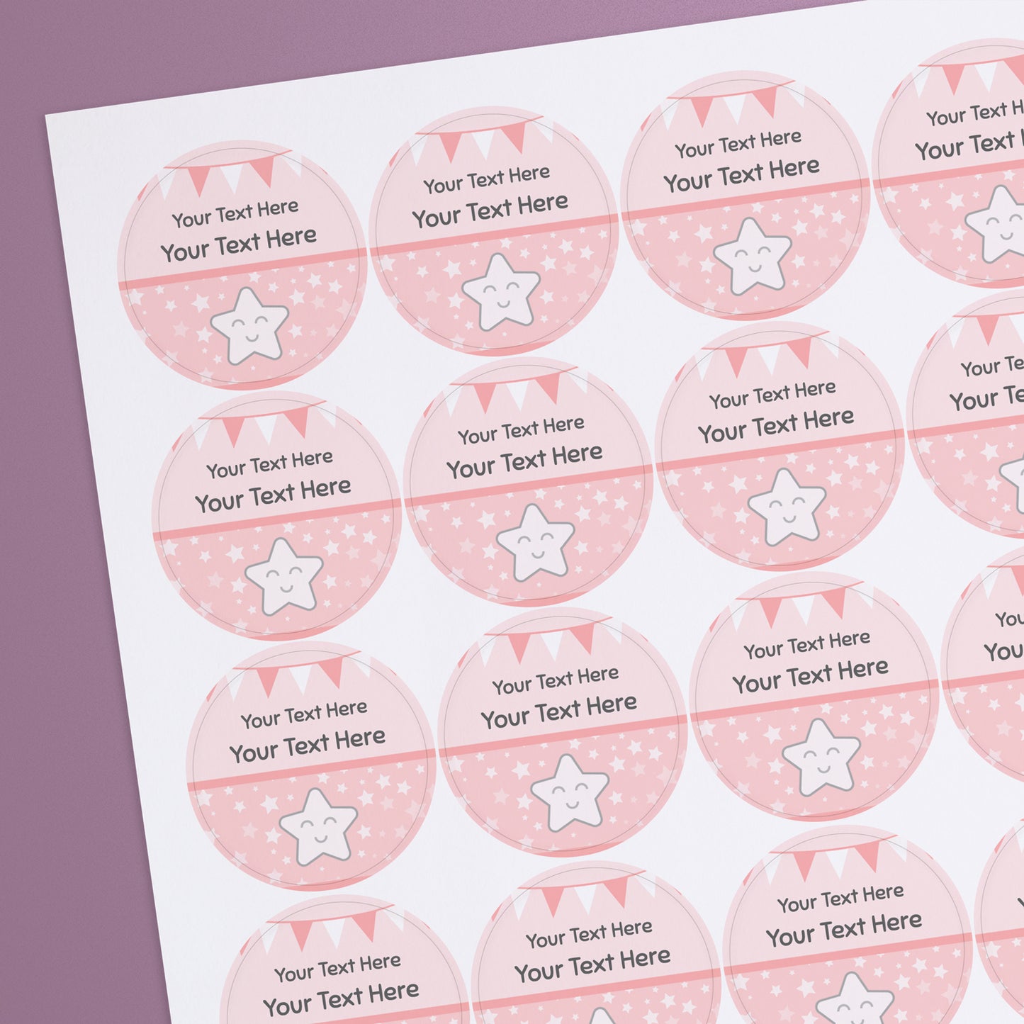 Personalised baby shower stickers with a smiley star design and custom text.