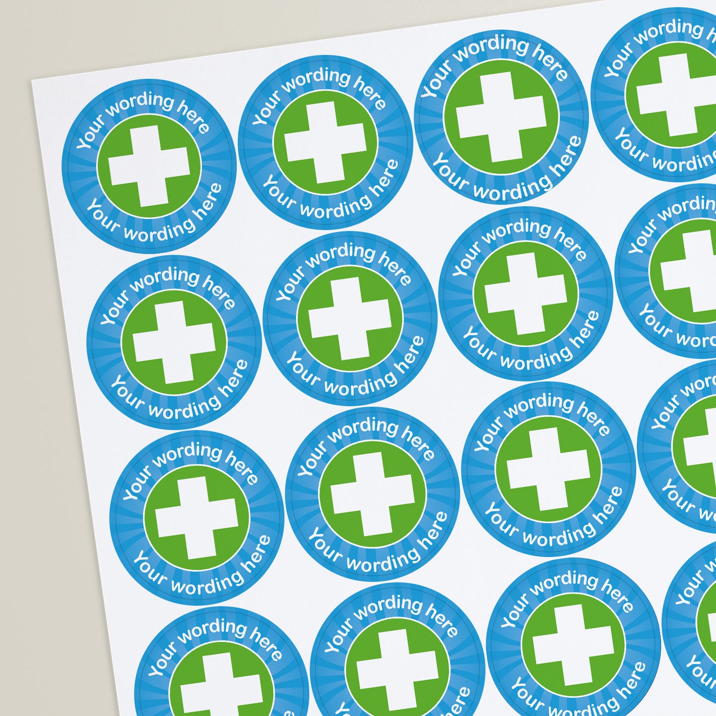 Sheet of personalised healthcare cross sticker with the text 'YOUR WORDING HERE' and a green cross symbol.