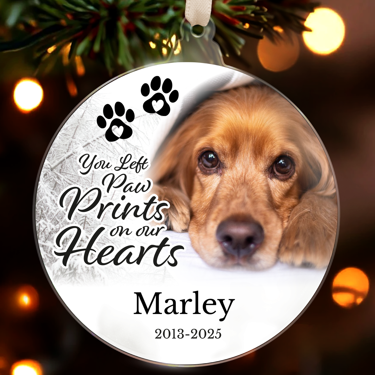 Acrylic bauble with the message 'You left paw prints on our Hearts' and personalisation 'Marly 2013-2025' with a picture of a dog