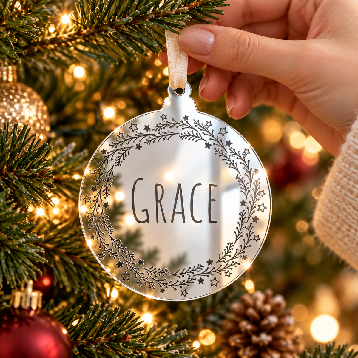 Reflective 80mm personalised Christmas tree decoration with ivory ribbon