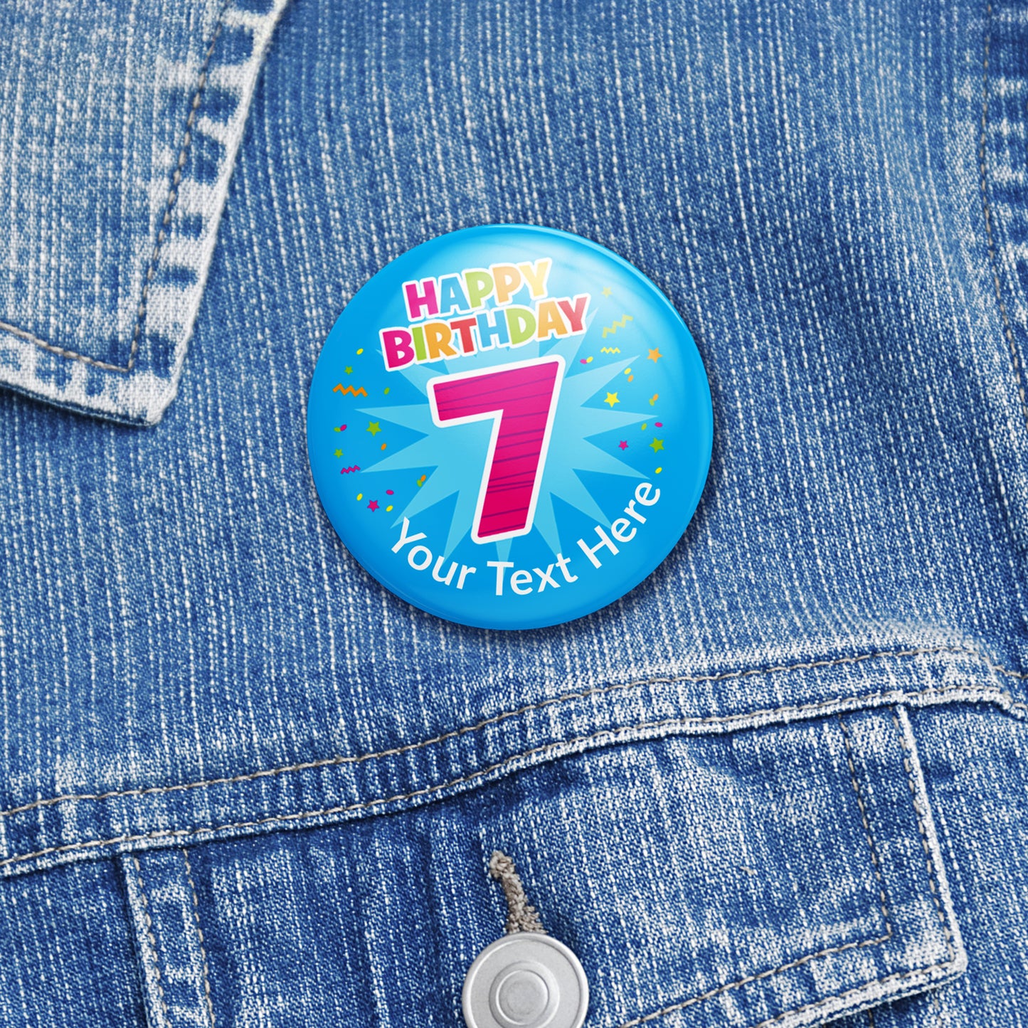 Personalised 7th birthday badge on denim jacket