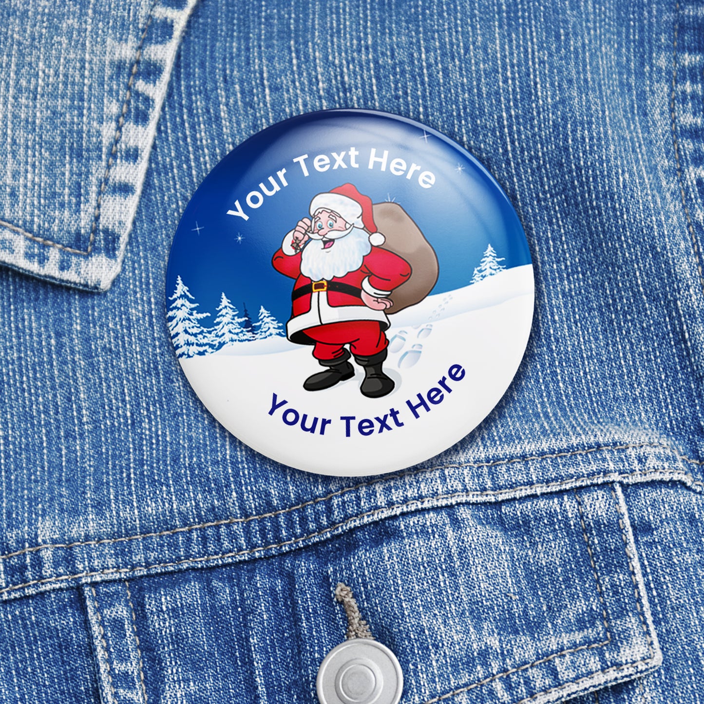 50mm round personalised badges featuring a cheerful Father Christmas holding a sack of presents set against a snowy blue background with pine trees; includes customisable text above and below Santa, equipped with safety pin fastenings