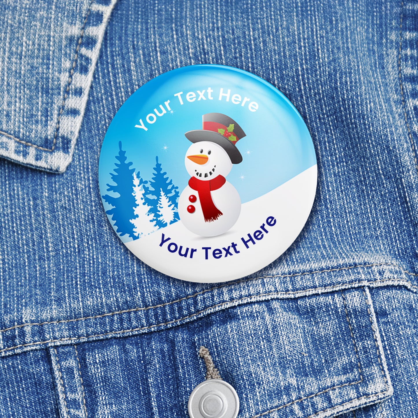 A round, personalised snowman badge with a text placeholder and a Christmas tree in the background, designed for customization with text and made in the UK.