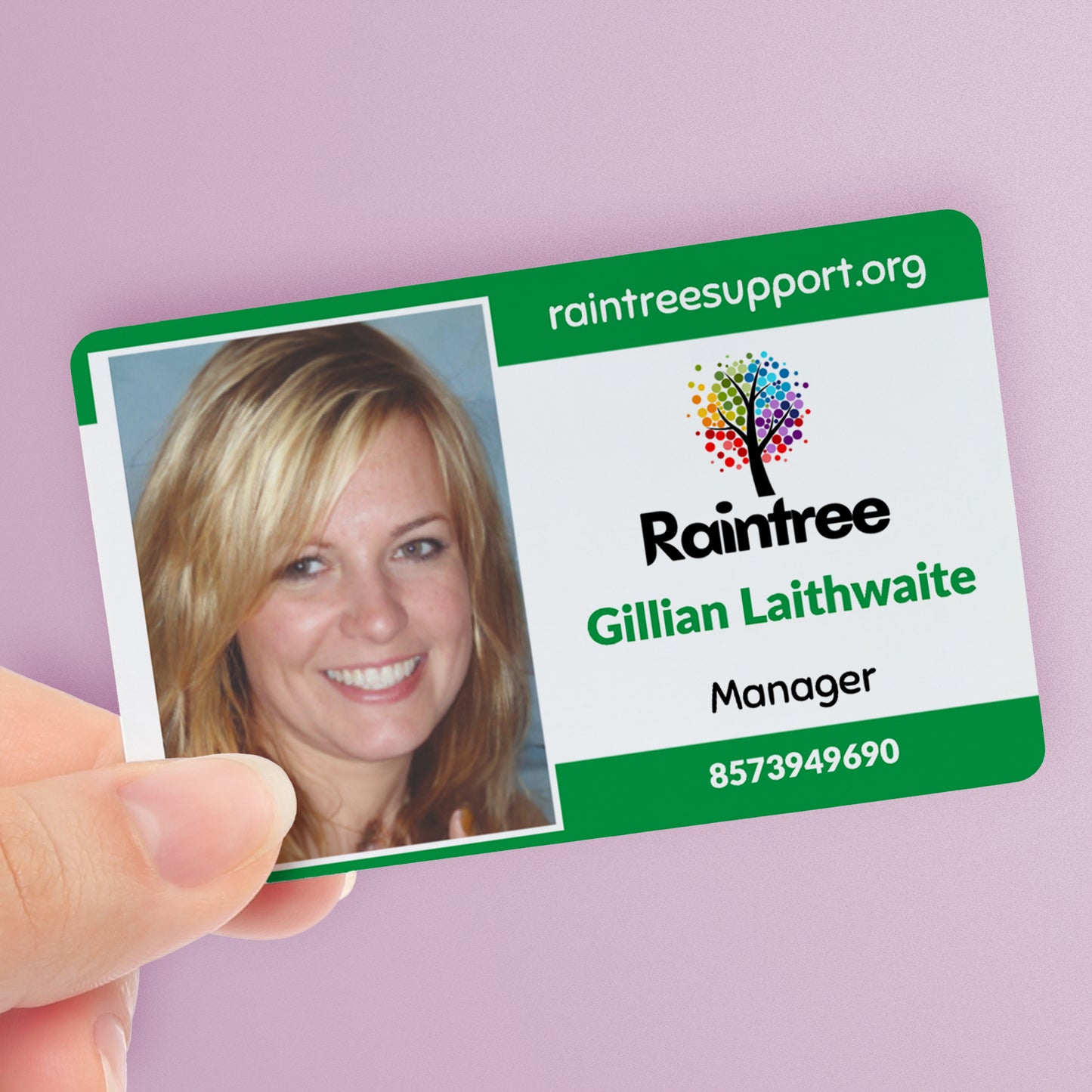 A personalised photo ID card with a business theme, featuring a man's image and company logo alongside details such as company, name, and job title.