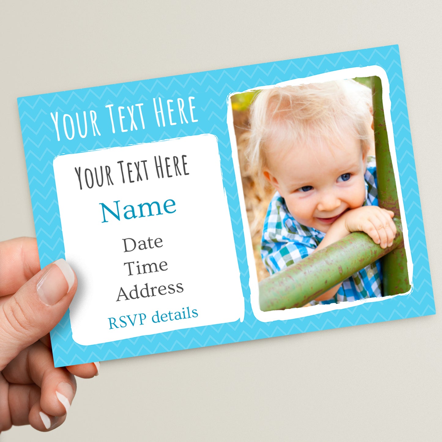A personalised A6 size postcard with a slot for a photo, fields for the name, date, time, address, and RSVP details, and a blue background.