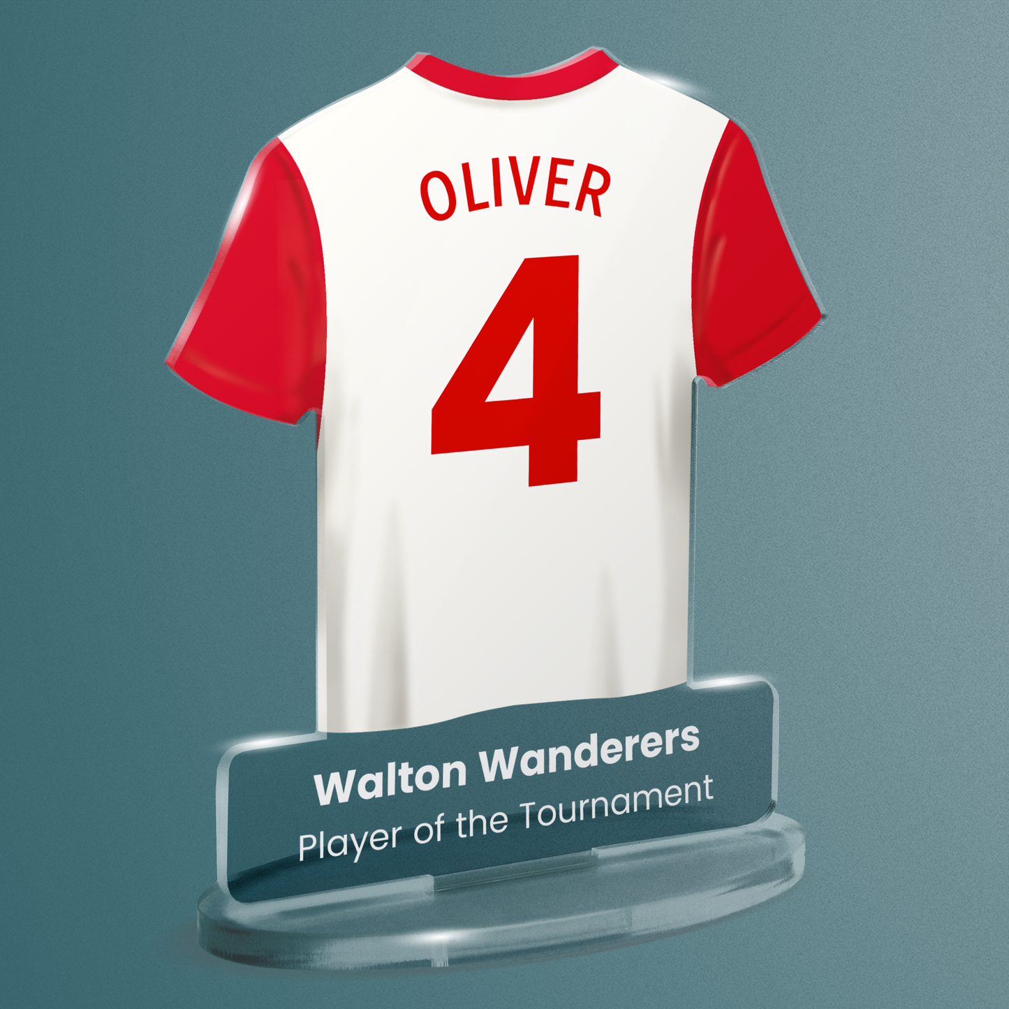 Acrylic t-shirt plaque with a white and red sports shirt design and 'OLIVER' '4' on a stand with 'Walton Wanderers' 'Player of the Tournament' text. Plaque shown on a pale blue background.