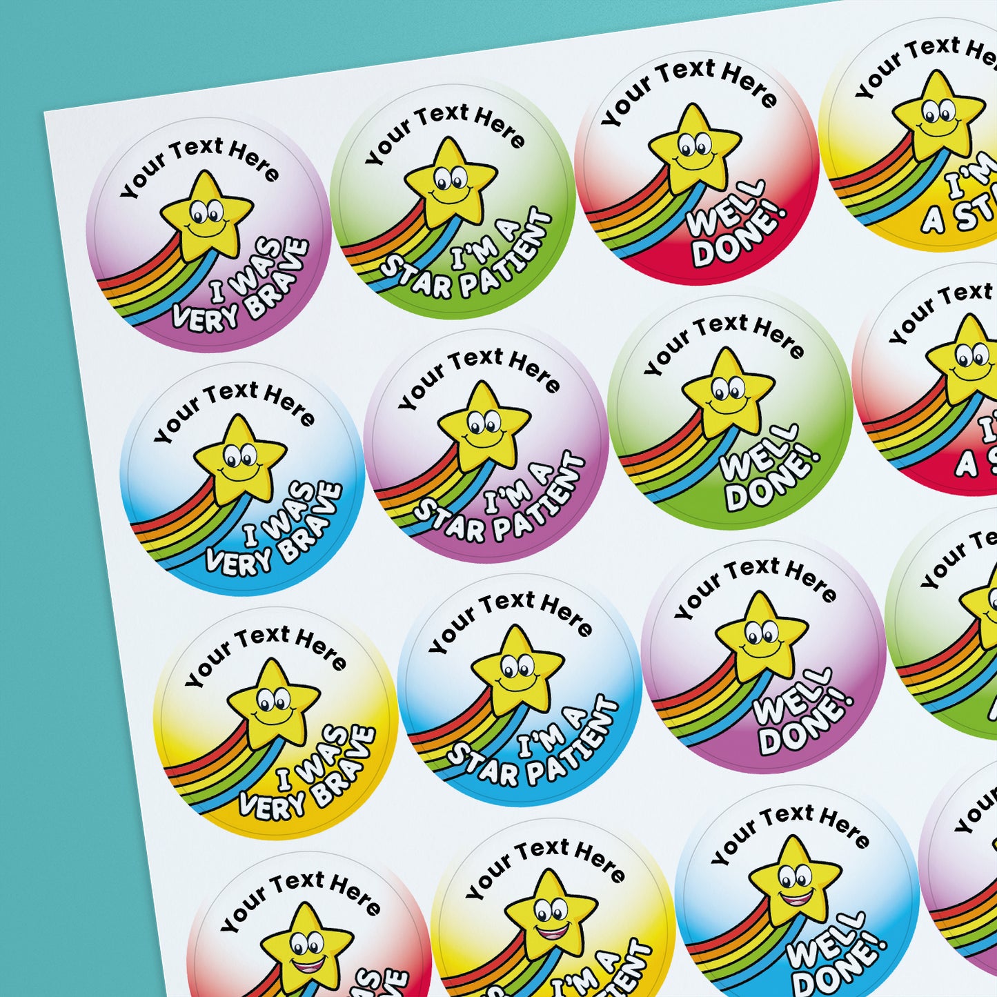 Colourful circular reward stickers featuring smiling yellow stars with rainbow trails including phrases such as 'Well Done!'. 'I'm a Star Patient'. 'I Was Very Brave' and 'I'm a Star'. Each sticker includes placeholder text at the top reading 'Your text here'.