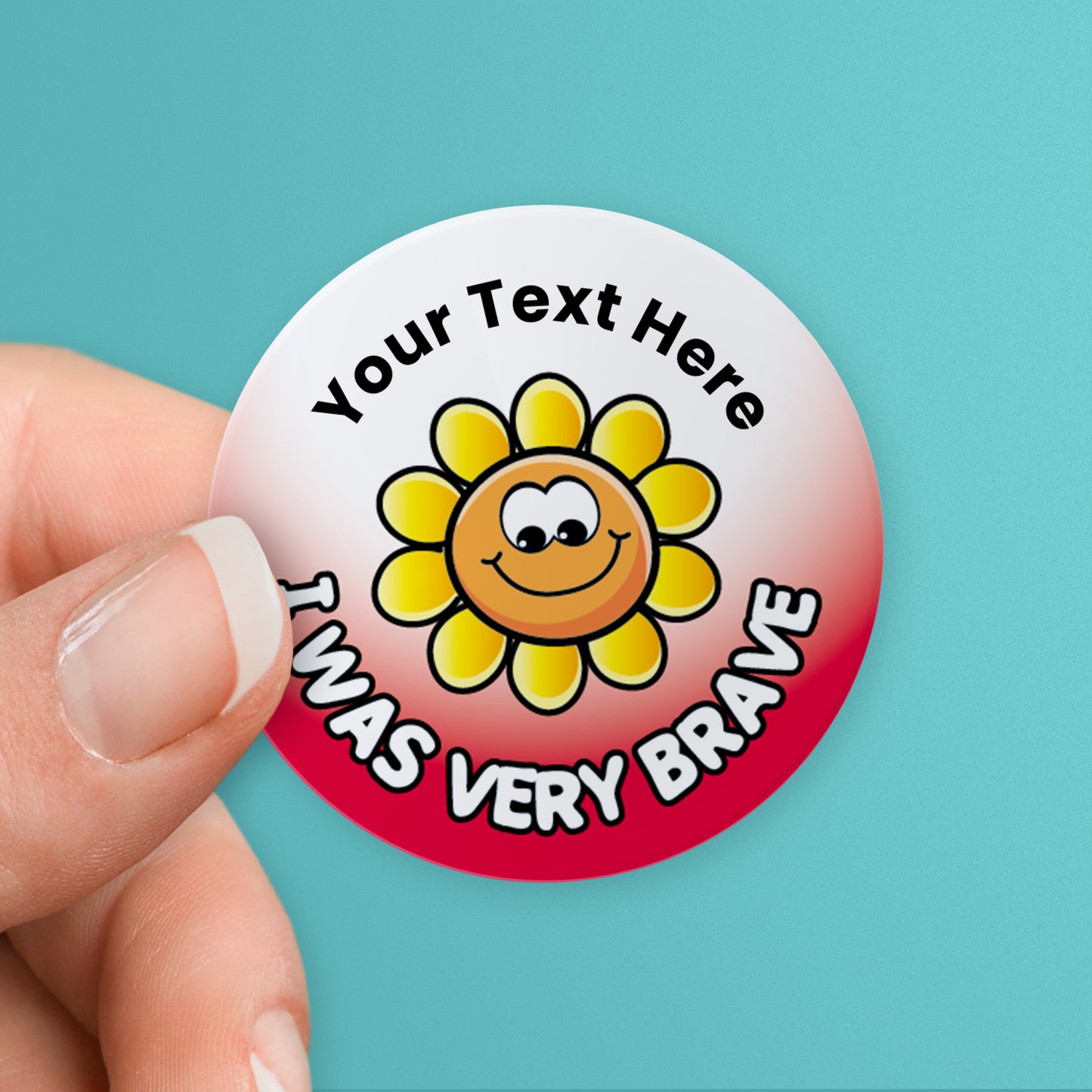 A hand holding a round personalized healthcare sticker with a smiling flower character and customizable text.