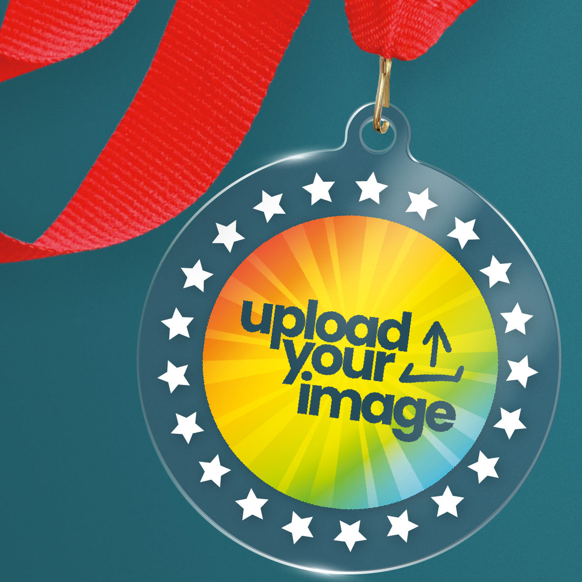 Acrylic personalised medal with red ribbon showing rainbow spectrum design and white stars with 'upload your image' wording.