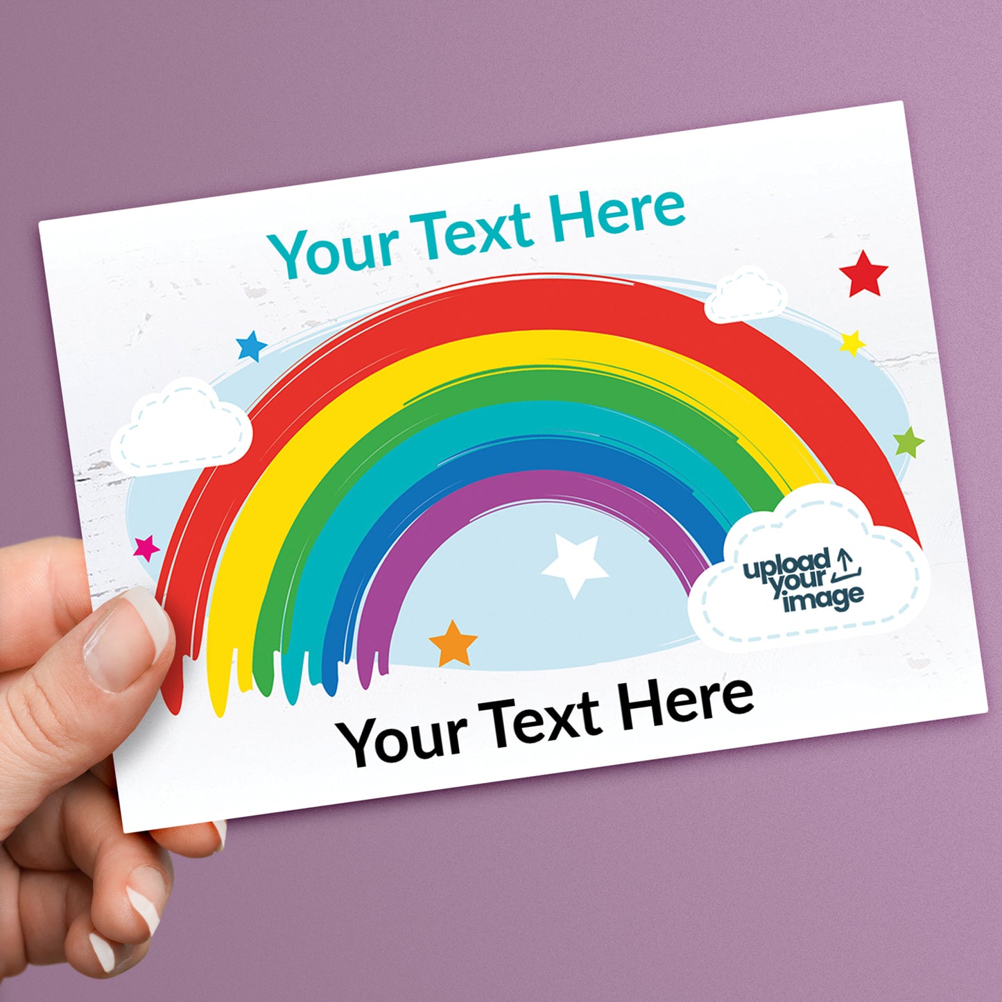 A personalised rainbow postcard with a colourful design and space for custom text, placed on a purple background.