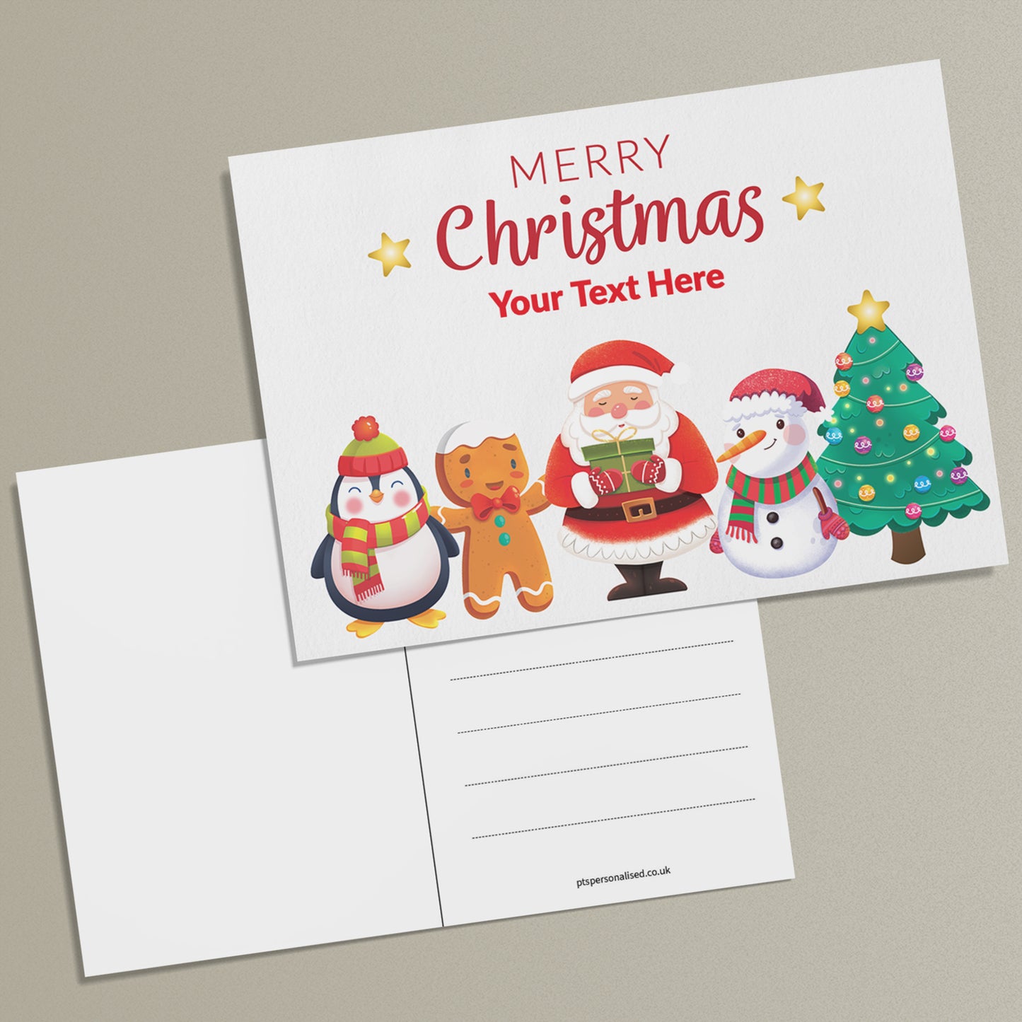 A personalised Christmas postcard featuring cartoon characters Santa Claus, a reindeer, a snowman, and a Christmas tree, with 'Merry Christmas' text and a place for custom text.