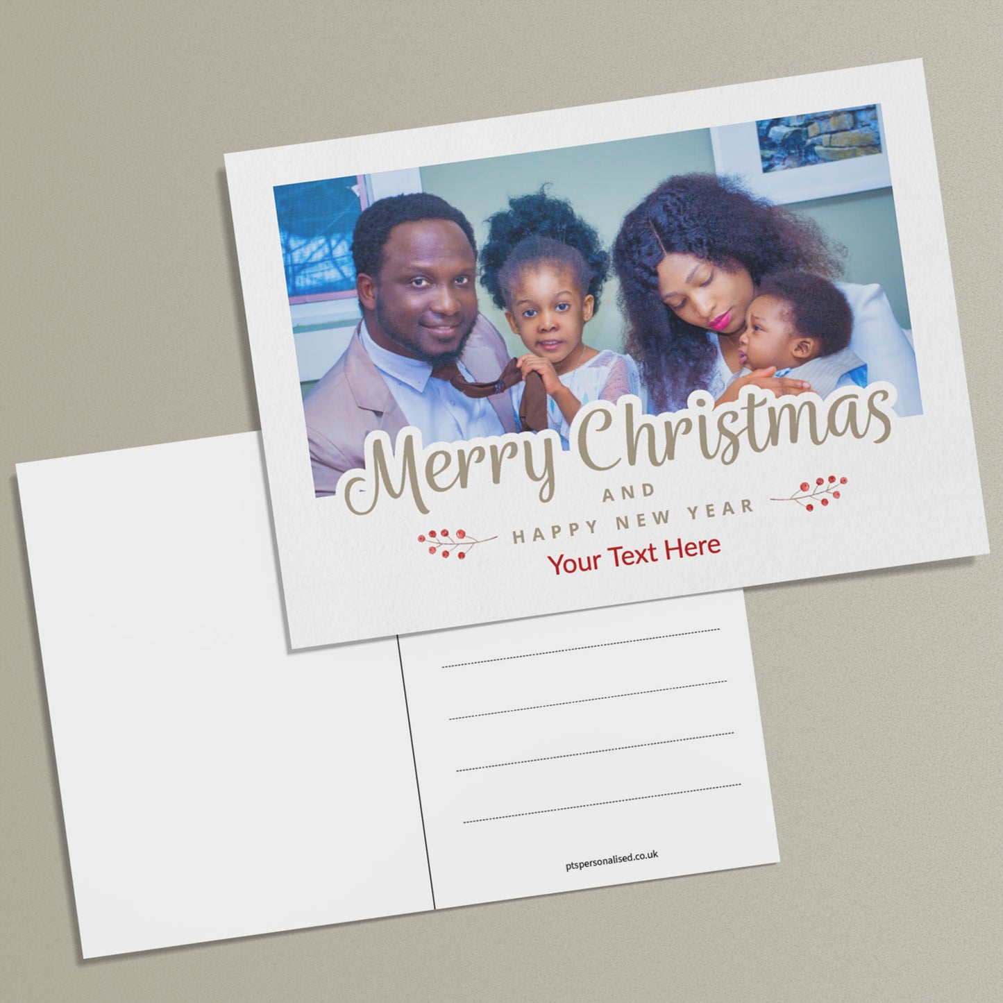 A personalised Christmas postcard with a photo of a family, text 'Merry Christmas and happy NEW YEAR' and an option to upload your own text.