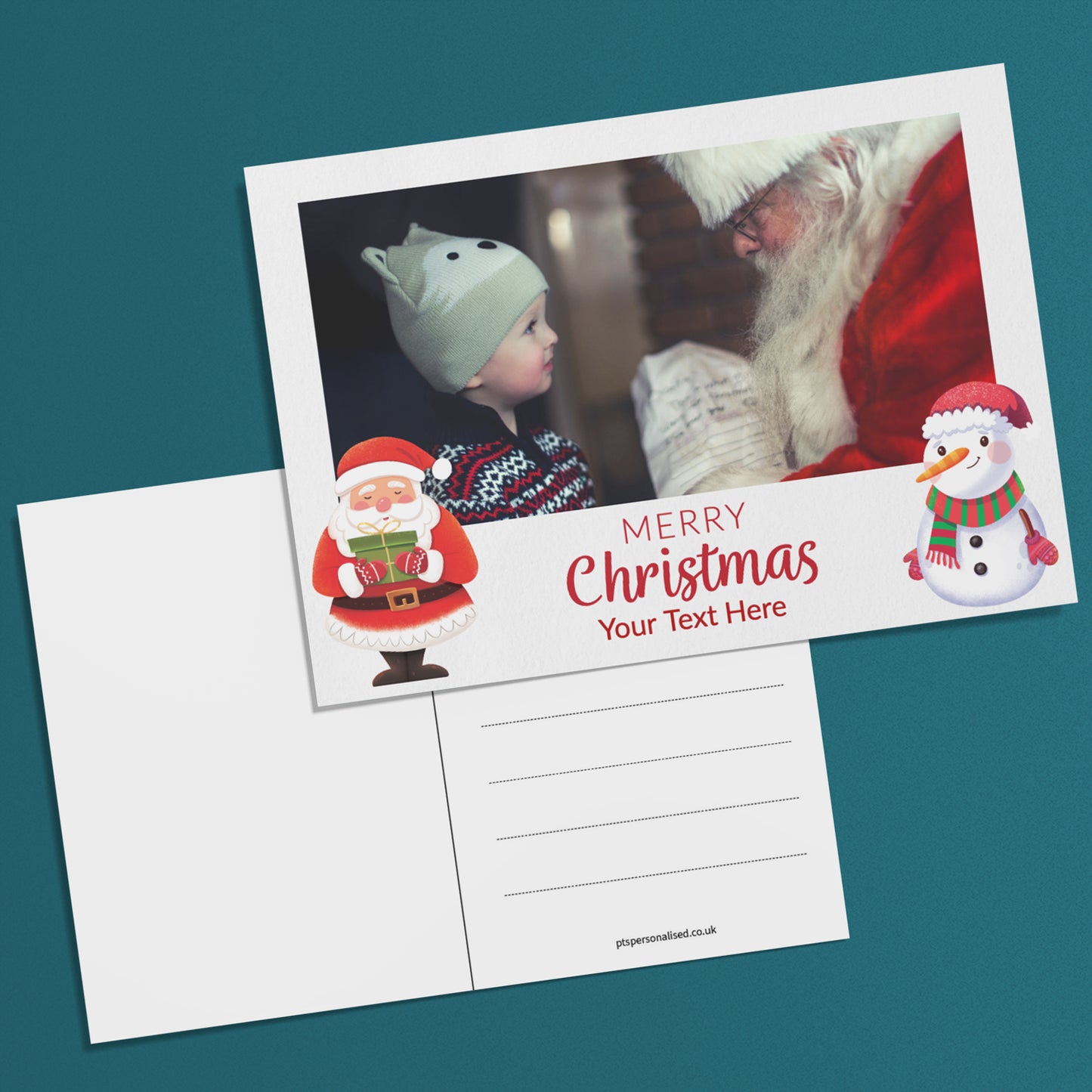 A personalised 'Merry Christmas' postcard featuring an image of a child receiving a present from Father Christmas, with Santa Claus and a snowman design, and a place to add a custom photo.