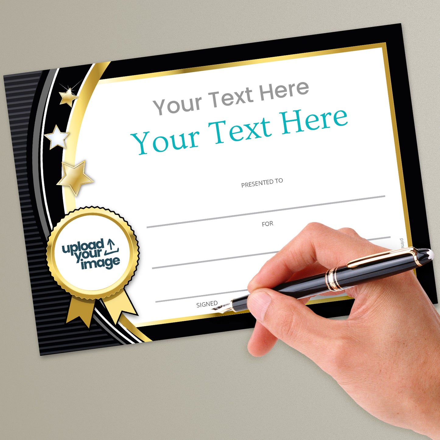 A personalised image upload certificate with a space for text, a colour selection option, and a placeholder for a logo or image, presented on a background with stars and a banner that reads 'Your Text Here'.