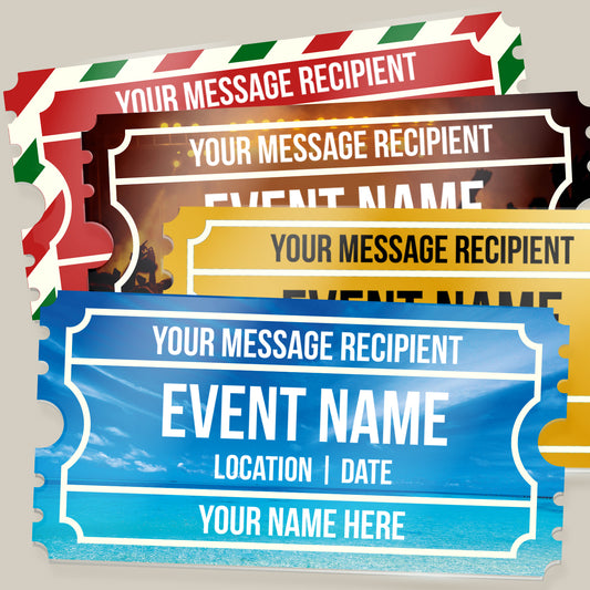 Montage of four acrylic tickets with design themes including Christmas, concerts, golden and trips, with customisable text fields that include ‘recipient’, ‘event name’, location | date’, and ‘your name’, designed with a classic ticket border style.