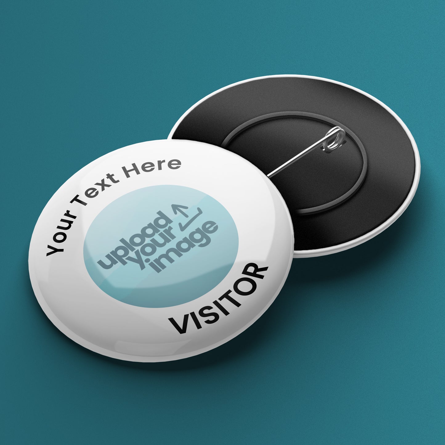 Two round badges with a white border and a central area where a logo or image can be uploaded. The text 'Your Text Here' and 'VISITOR' are visible on the badges, indicating customizable text options.