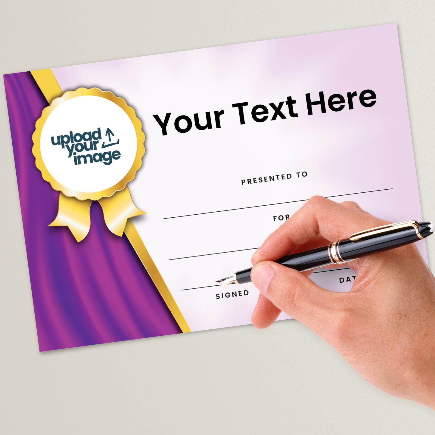 A5 size certificate with a purple background and a space for uploading a custom image or logo, along with text fields for personalized greetings and a date.