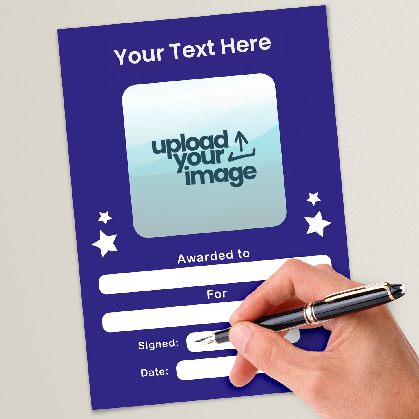 Customisable award certificate with a dark purple background and white text. Includes placeholder text 'Your text here' at the top, a square area for an image, and blank fields labelled 'Awarded to', 'For', 'Signed', and 'Date'. Decorative stars surround the image area.