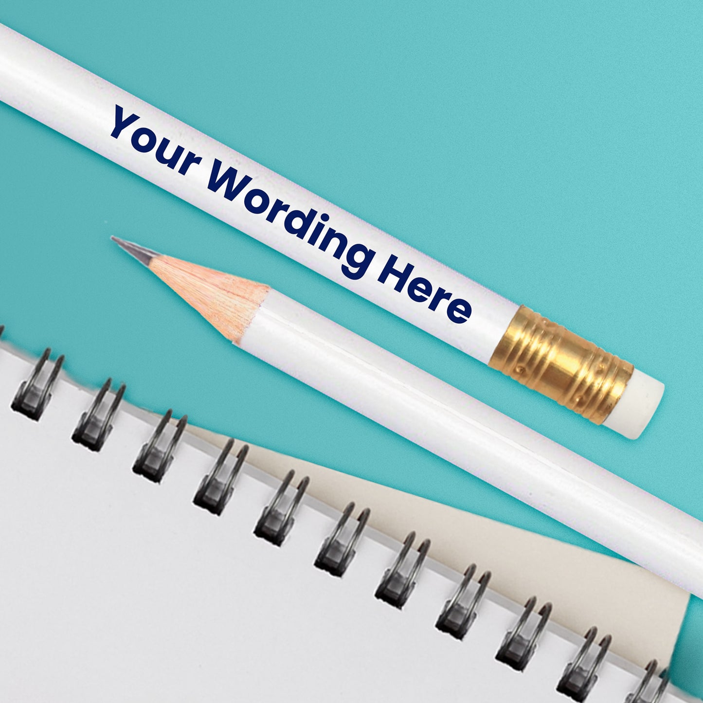 A white HB pencil with personalised text 'Your Wording Here' printed on it with integrated eraser.