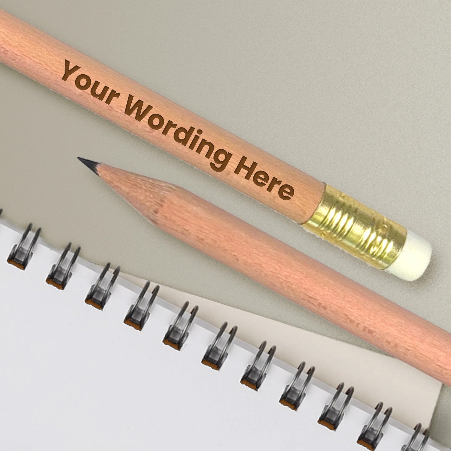 Personalised pencil with wooden barrel and gold ferrule, etched with "Your Wording Here".