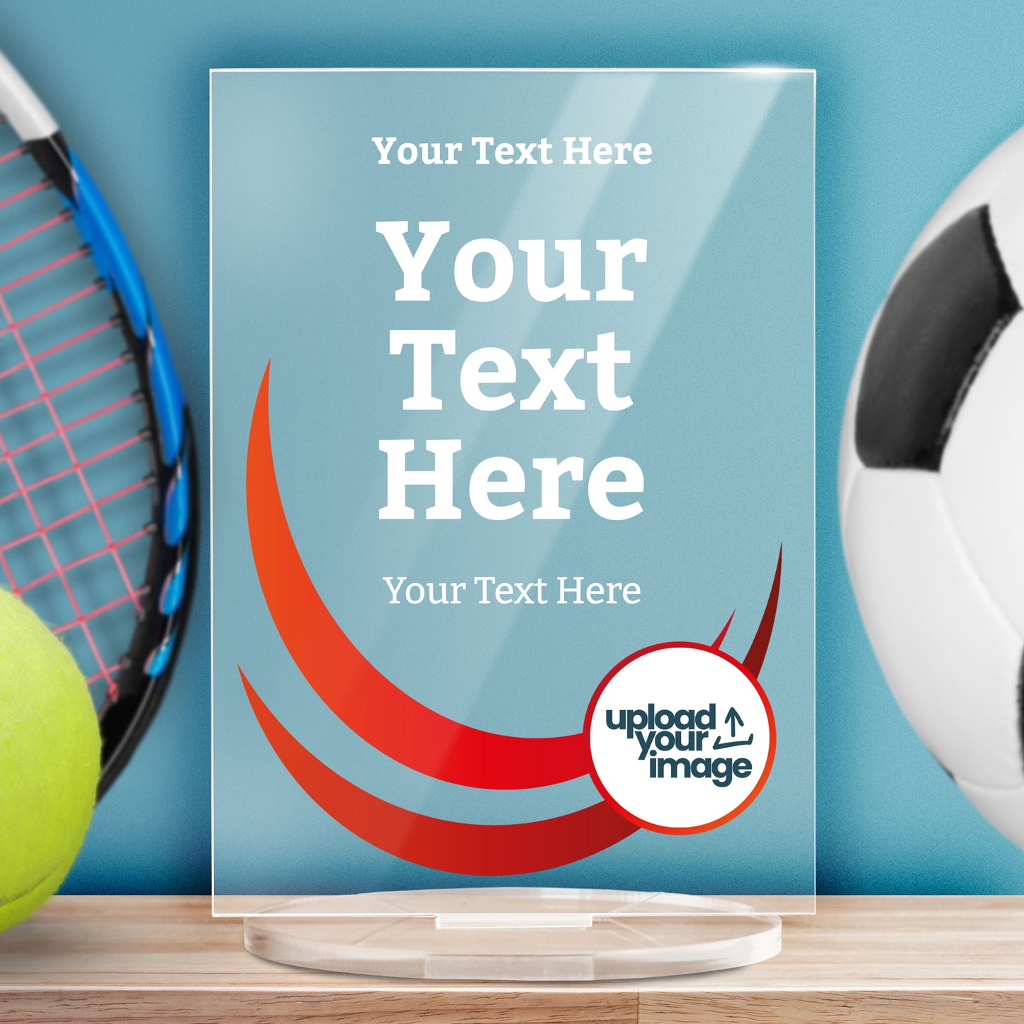 A rectangular, clear acrylic award plaque standing on a circular base. The design features curved red wave graphics on the left side, and a camera icon in a circle at the bottom right, indicating space for a custom photo. The text areas are labelled 'Top Text Here', 'YOUR TEXT HERE', and 'Lower Text Here', allowing for personalisation. The overall style is sleek and modern, ideal for formal recognition.