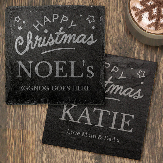 Two personalised slate Christmas coasters.