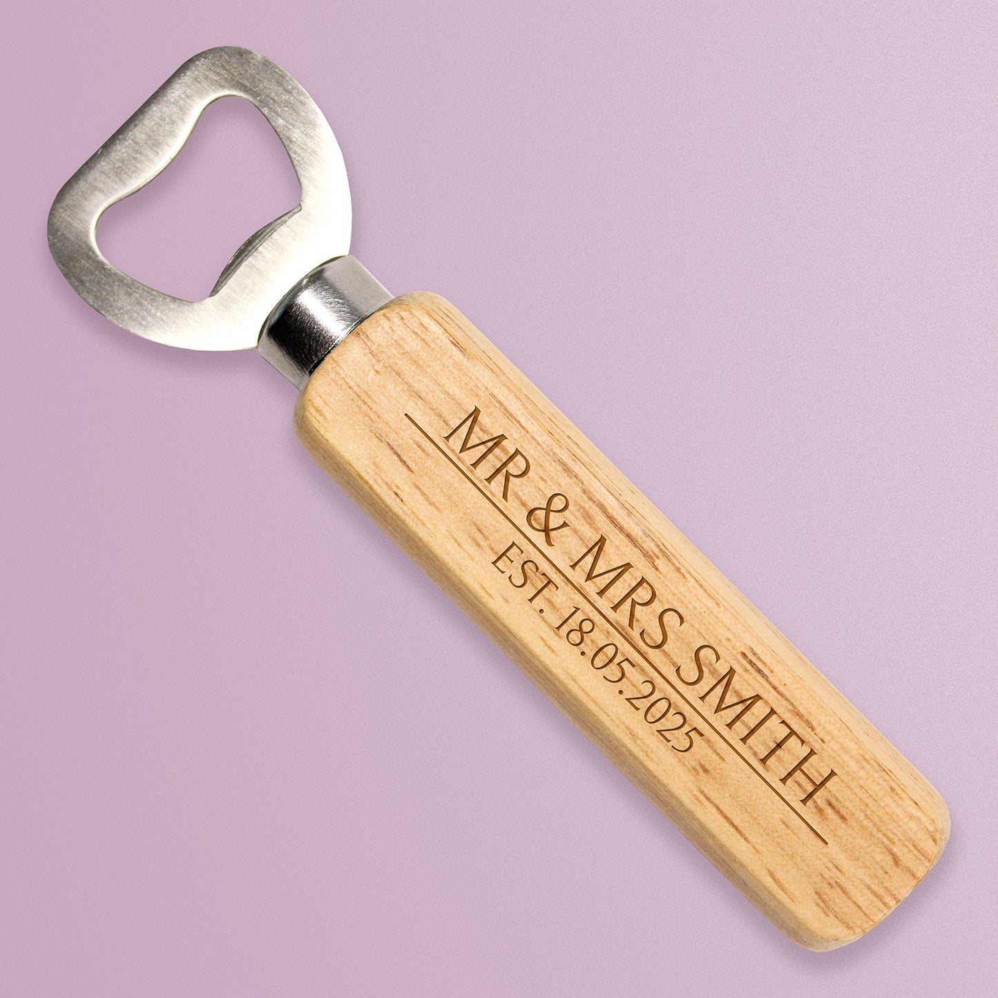 A personalised wooden bottle opener with etched text on its handle, celebrating a wedding union