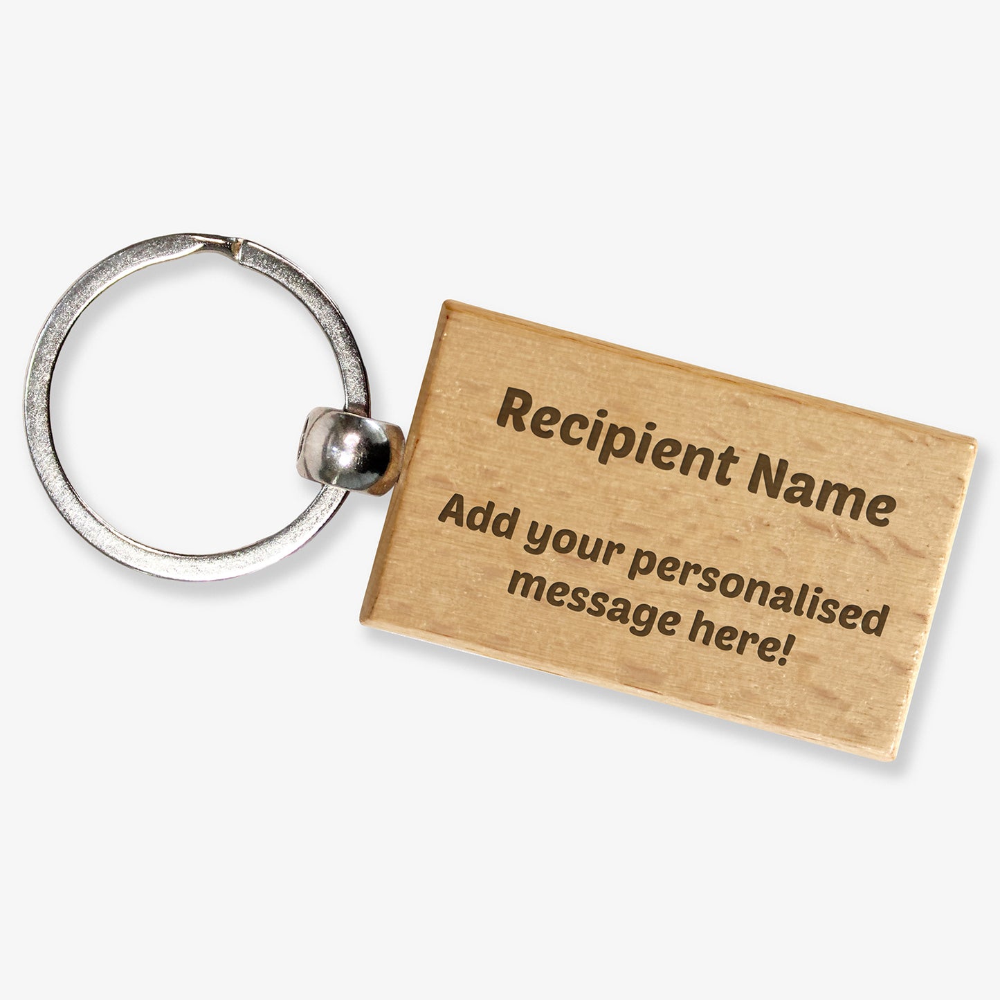 A wooden keyring with a metal keychain, featuring a main and a secondary personalised etched message field.