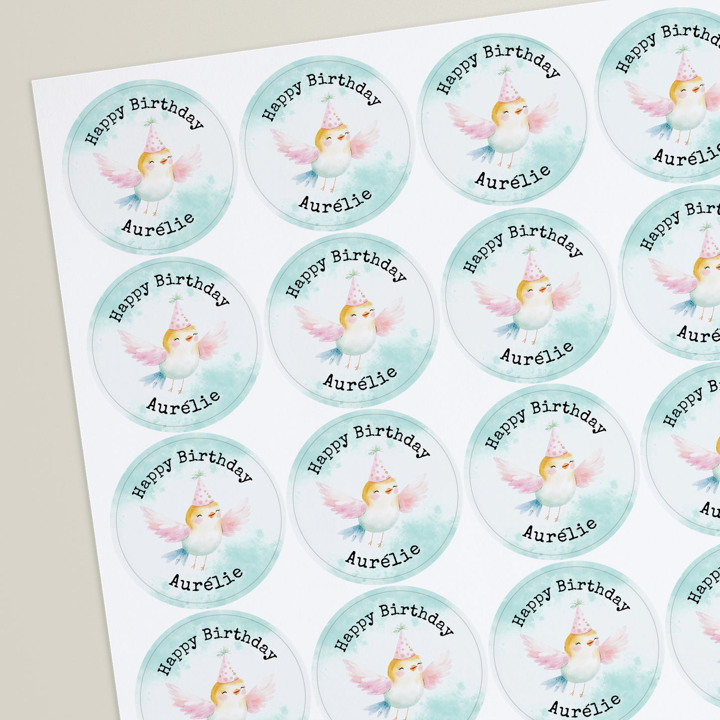 Round, watercolour stickers with personalised text above and below delicate bird in a birthday hat.