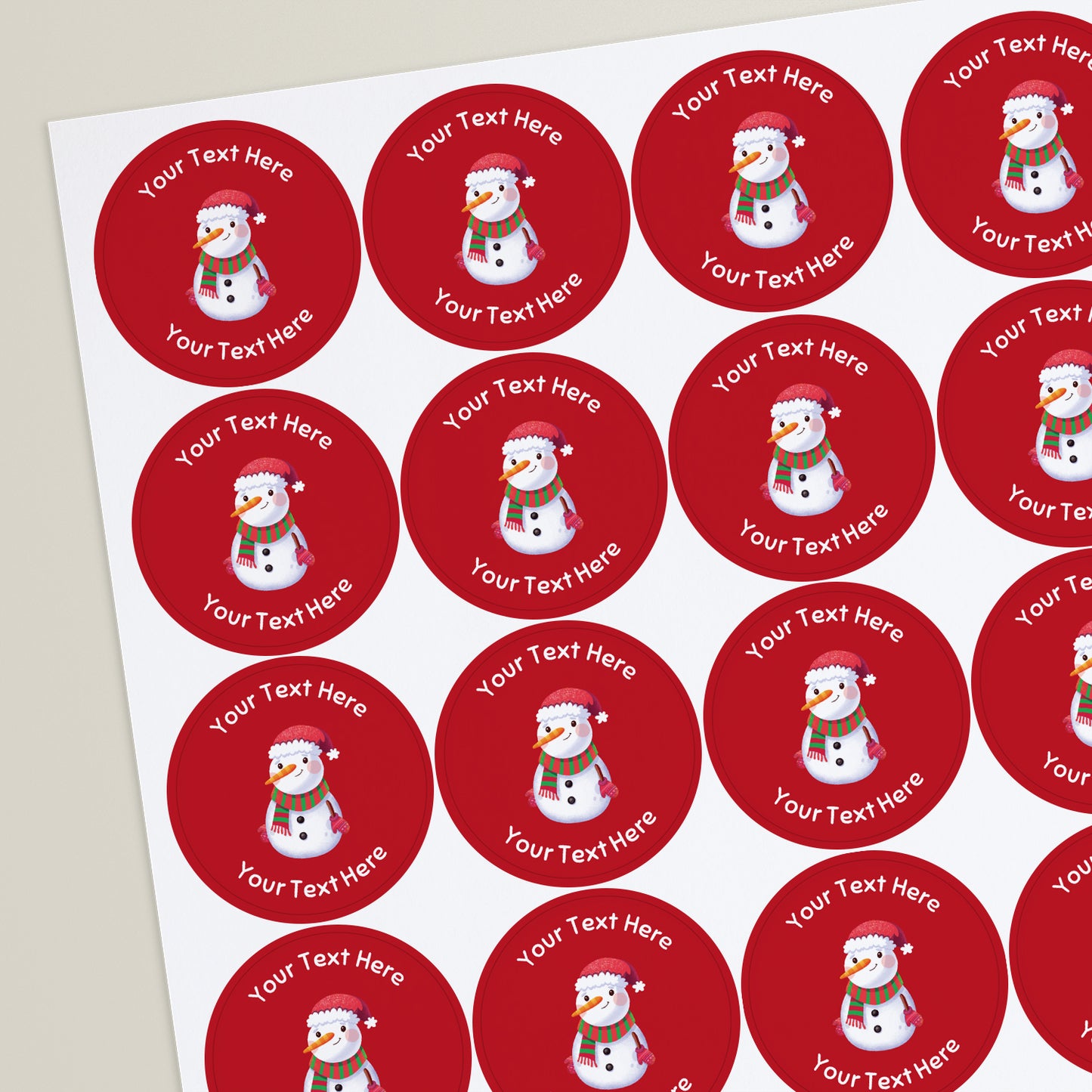 sheet of personalised festive stickers with central image and personalised writing above and below.