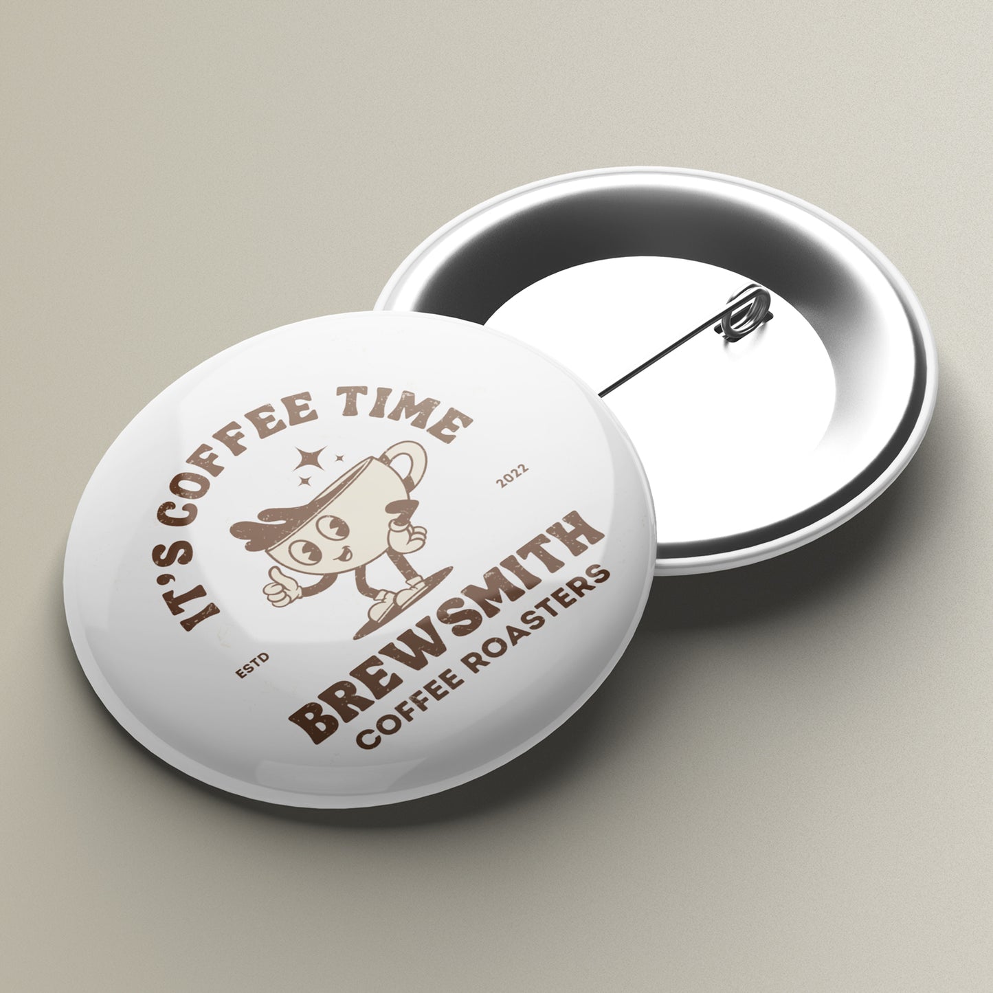 38mm round badges featuring a colour choice background with a central area for custom designs; designed for personalisation with images or text. This is a promotional badge for a coffee company with the logo at the centre.