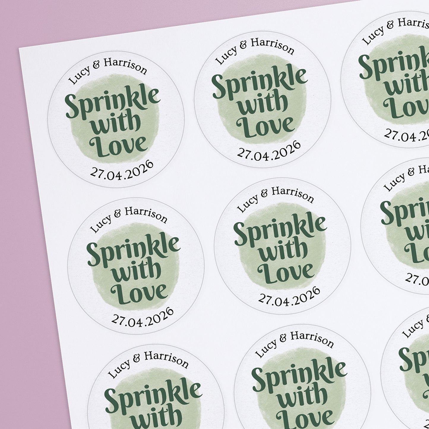 round, white confetti cone sticker with custom text and a date on it, with a sage and white colour scheme.