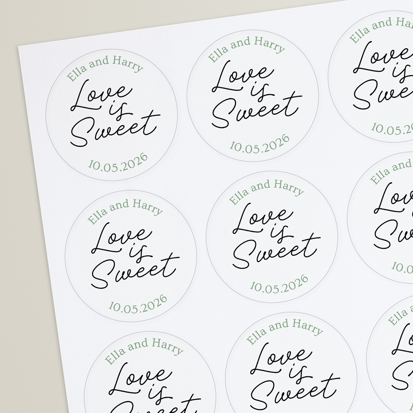 round sticker with personalised text 'Ella and Harry Love is sweet' along with a date '09.05.2026'.