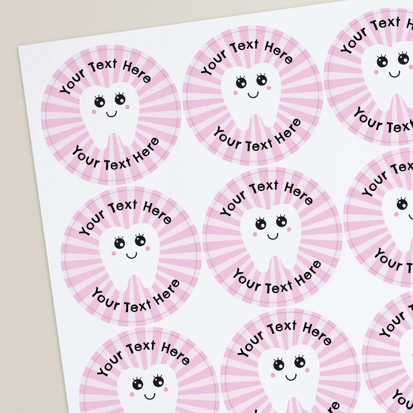 Customised sticker with a dental theme, featuring a cartoon image of a tooth and the text 'YOUR TEXT HERE'.