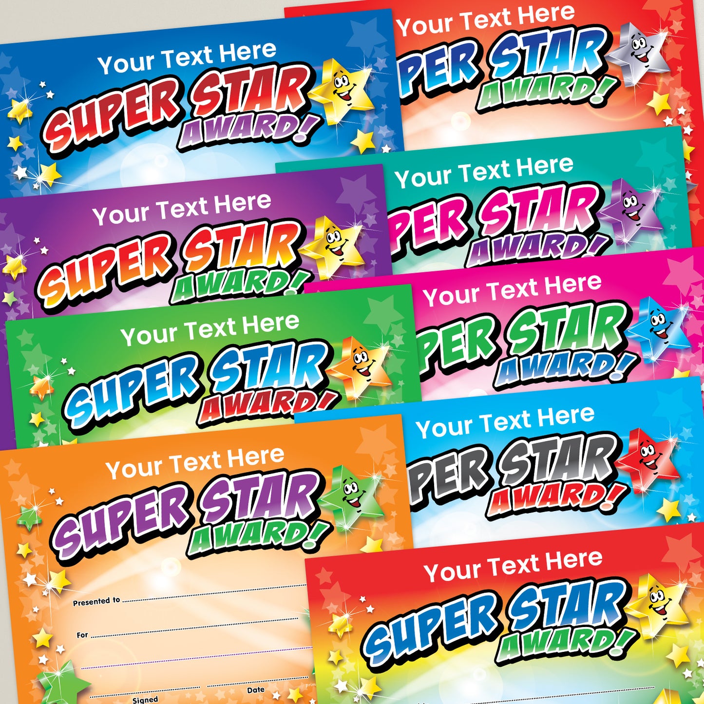 Super Star Award' certificates in various colour themes. Each A5 certificate features vibrant text saying 'SUPER STAR AWARD' with smiling cartoon stars. The top section includes placeholder text 'Your text here'. There are blank lines for 'Presented to', 'For', 'Signed', and 'Date', and a circular badge area labelled 'Choose Your Image' for customisation.
