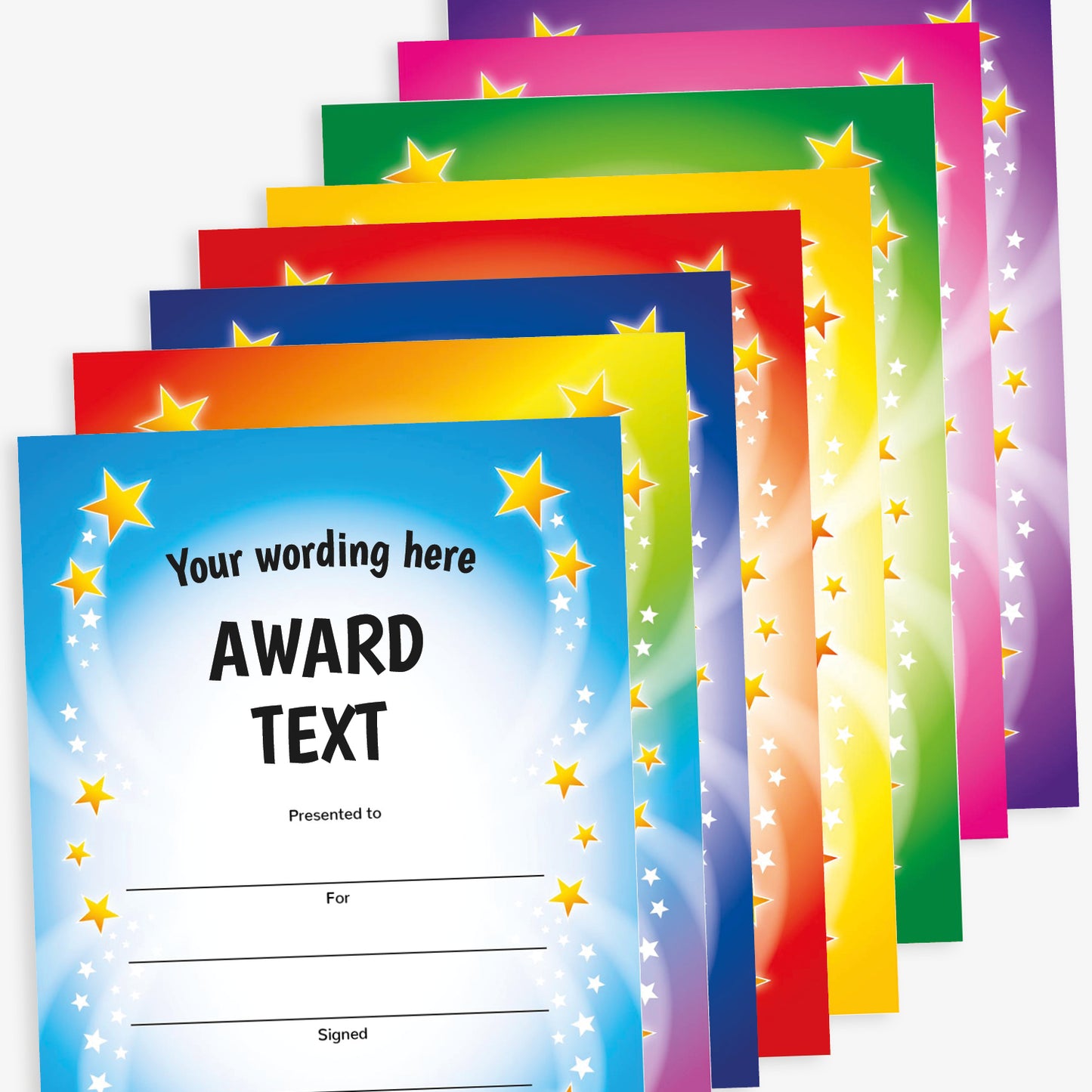 A set of colourful award certificates with a star pattern and a placeholder for a custom image and text.