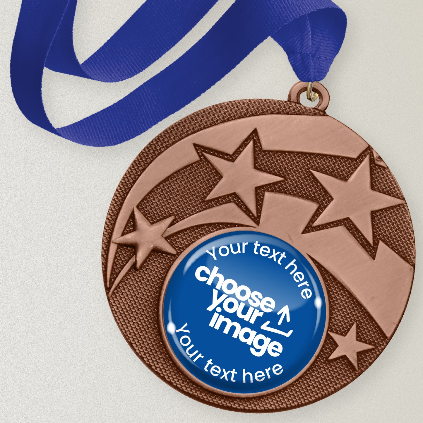Bronze medal with stars and customizable text and image area with blue ribbon.