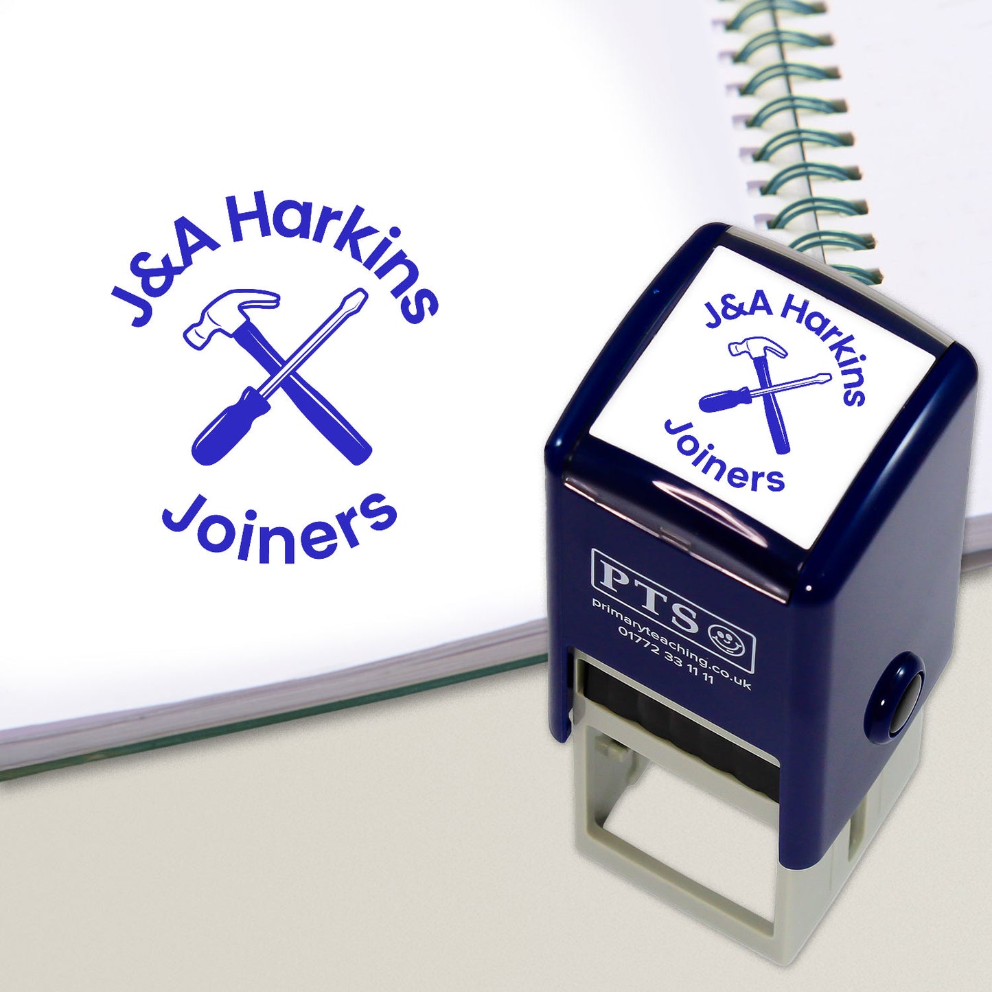 Customisable blue self-inking 25mm stamper with the placeholder text indicating space for a personalised image and message. This design is for a joinery business.